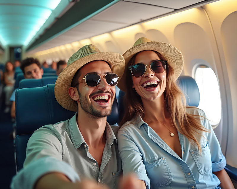 couple taking a selfie on an airplane