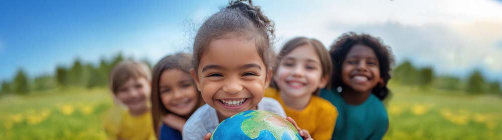 Young children pose for a picture while holding a ball painted to look like planet earth.